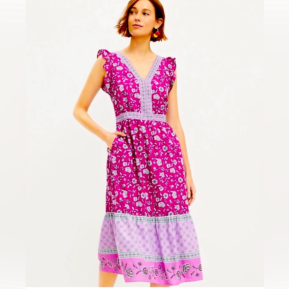 Loft Floral V-Neck Ruffle Dress